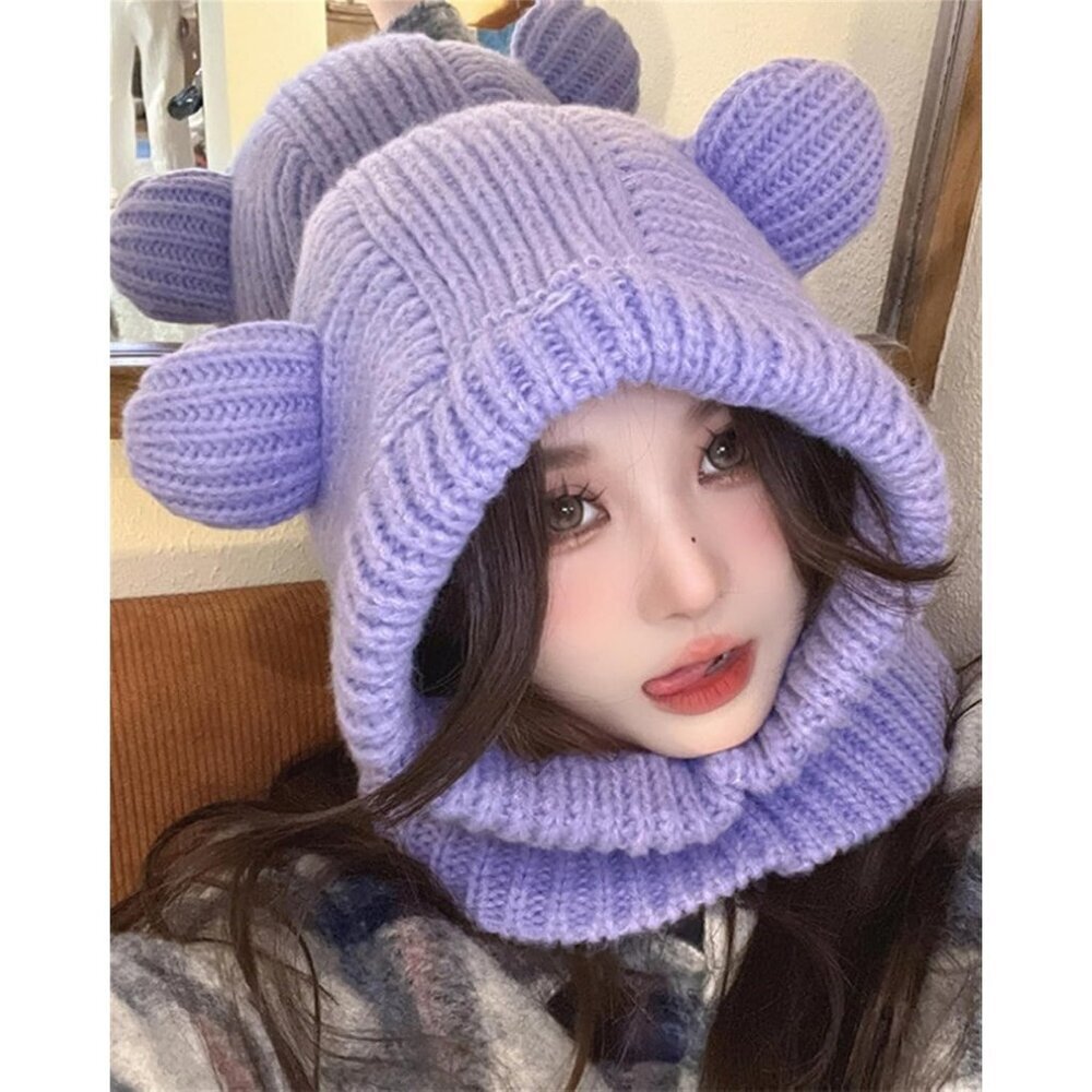 Women's Purple Cute Bear Balaclava Warm Hooded Scarf Beanie Hat Skull Pullover - Picture 4 of 7